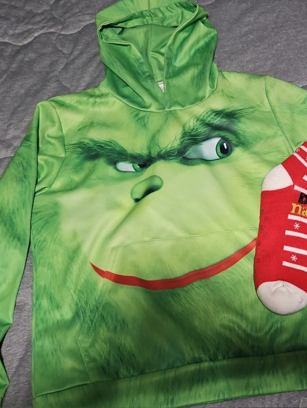 74. Green Grinch Face Hoodie with Grich Socks